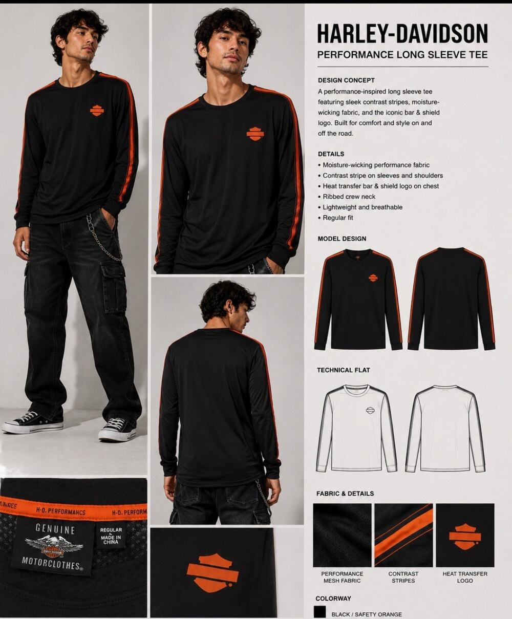 Harley Davidson Performance Long Sleeve Shirt XL Black Orange Athletic Tee